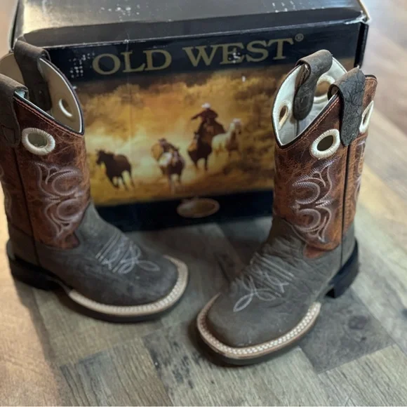 Old West Brown and Gray Kids Boots - Picture 2 of 4